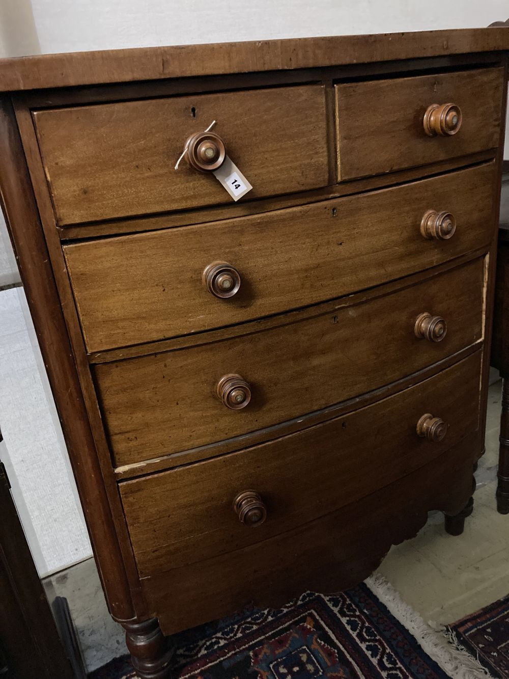 A Victorian mahogany bow front chest, width 110cm, depth 54cm, height 131cm